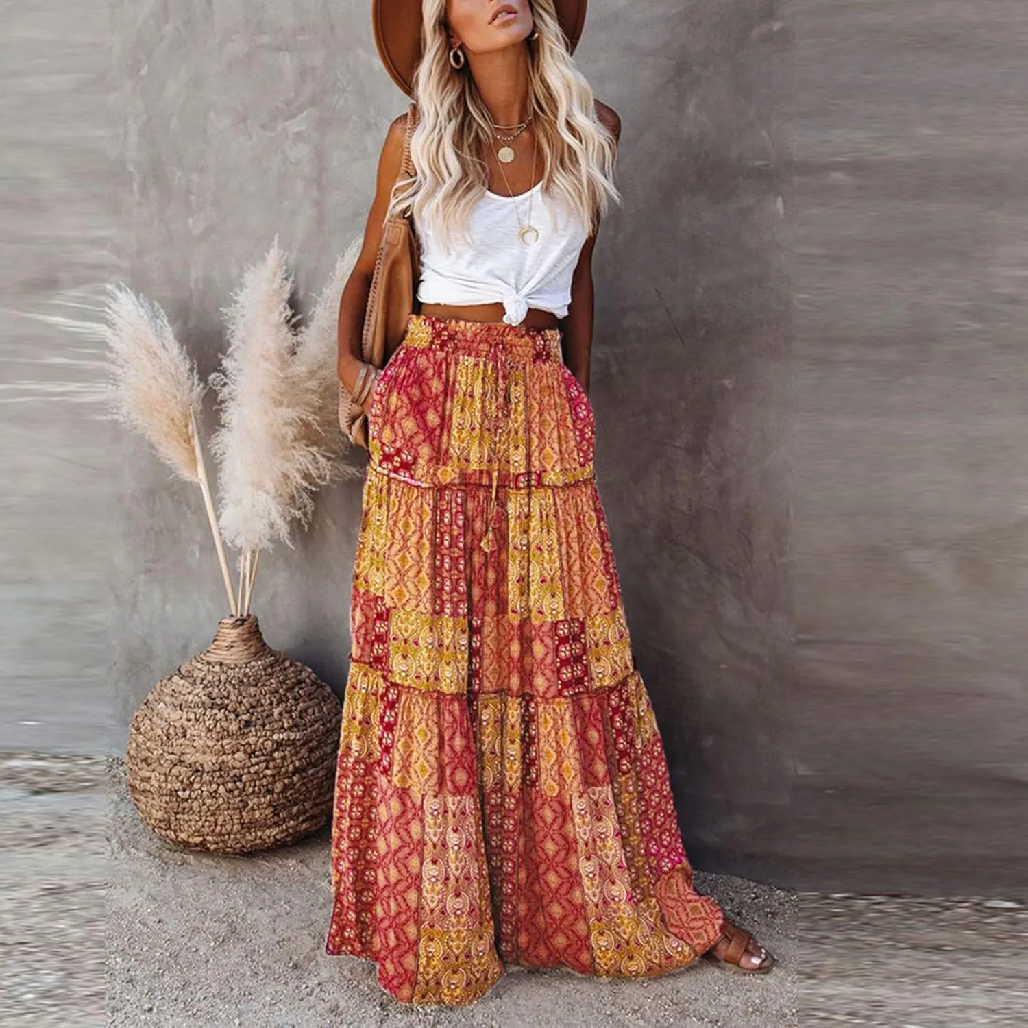 Long Skirts for Women Floral Maxi Skirt with Pockets Beach Flowy Midi Boho Skirt Casual Pleated High Waisted Skirts