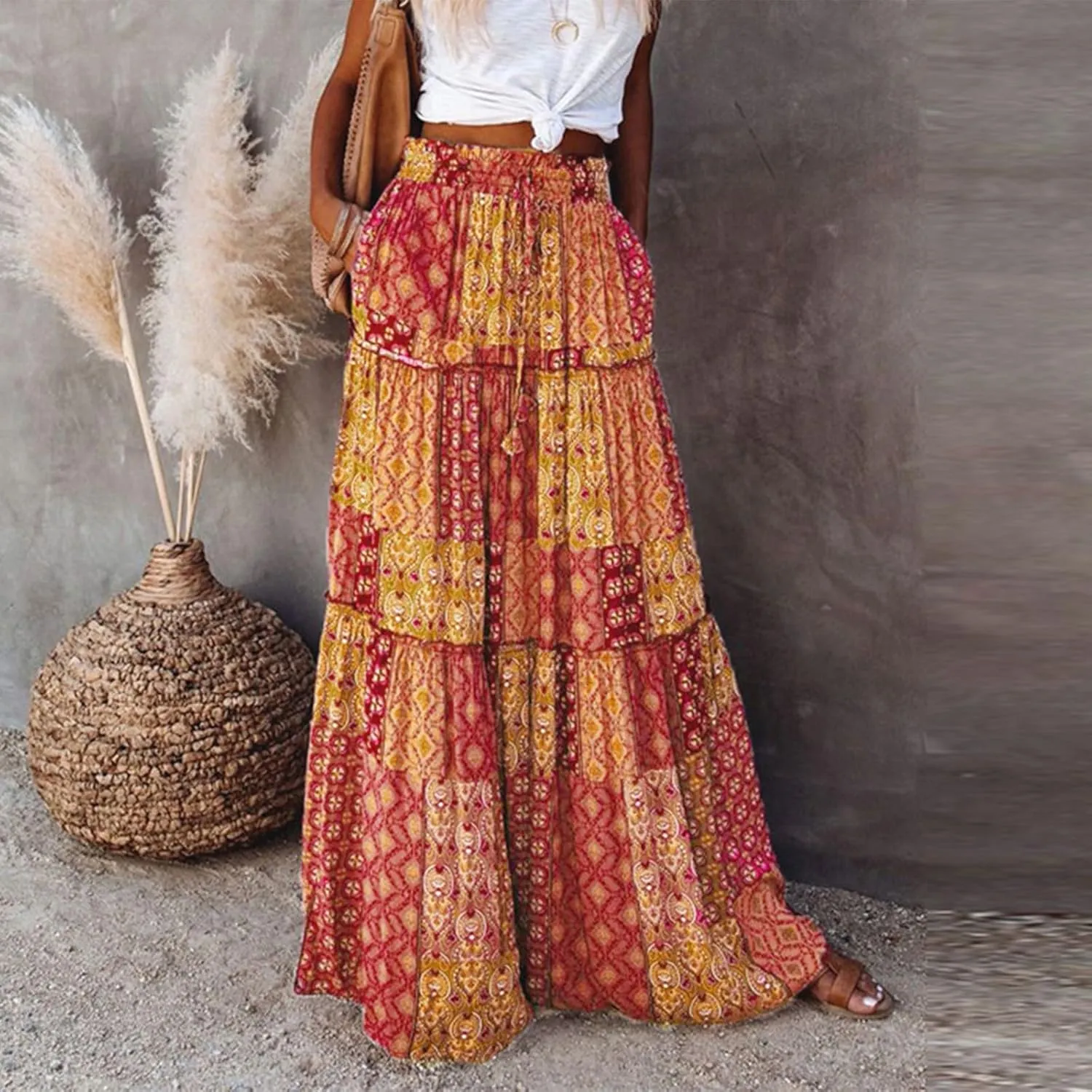 Long Skirts for Women Floral Maxi Skirt with Pockets Beach Flowy Midi Boho Skirt Casual Pleated High Waisted Skirts