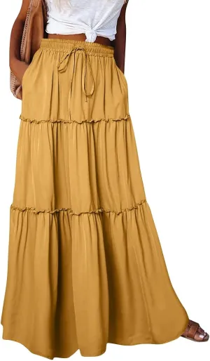 Long Skirts for Women Floral Maxi Skirt with Pockets Beach Flowy Midi Boho Skirt Casual Pleated High Waisted Skirts