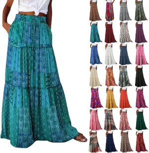 Long Skirts for Women Floral Maxi Skirt with Pockets Beach Flowy Midi Boho Skirt Casual Pleated High Waisted Skirts
