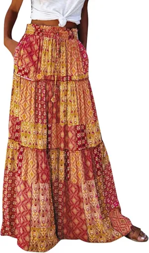 Long Skirts for Women Floral Maxi Skirt with Pockets Beach Flowy Midi Boho Skirt Casual Pleated High Waisted Skirts