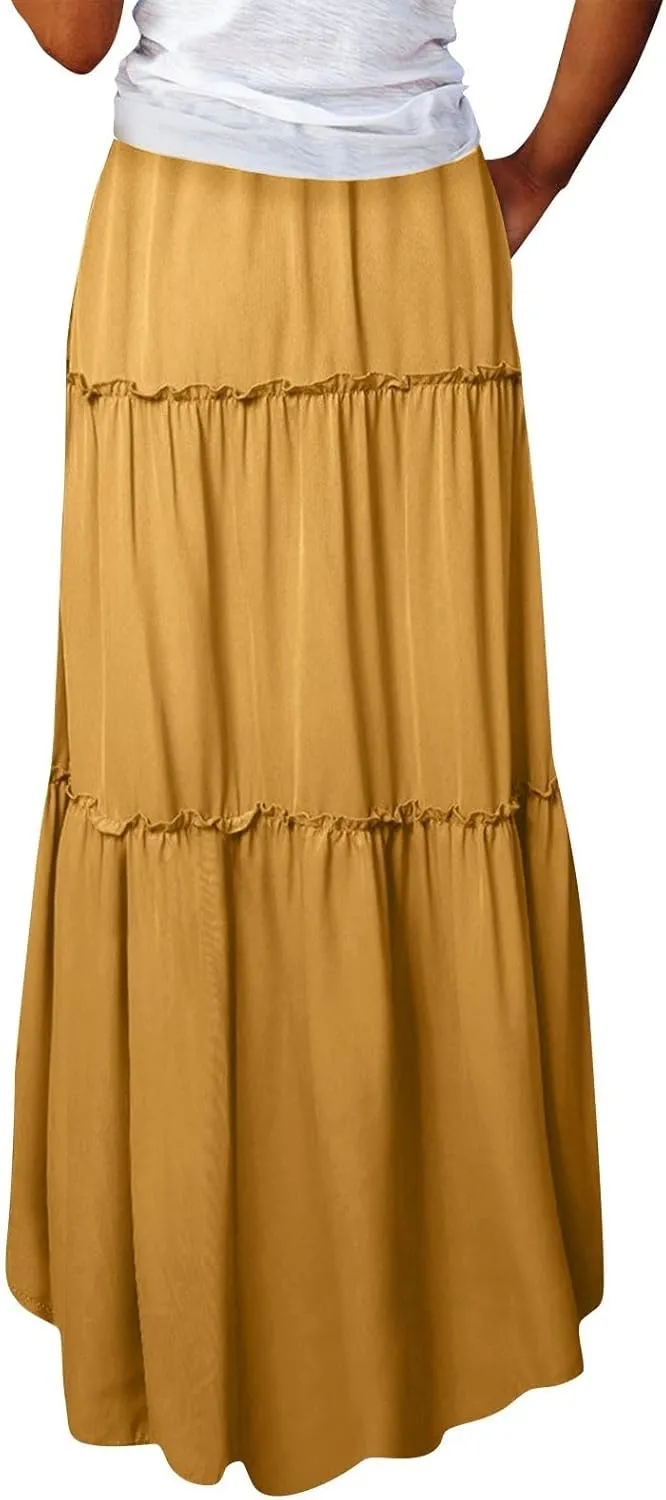 Long Skirts for Women Floral Maxi Skirt with Pockets Beach Flowy Midi Boho Skirt Casual Pleated High Waisted Skirts
