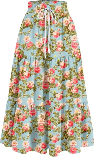Long Skirts for Women Maxi Boho Summer Floral Print A Line Skirts Drawstring Elastic High Waist Pleated Tiered Skirt