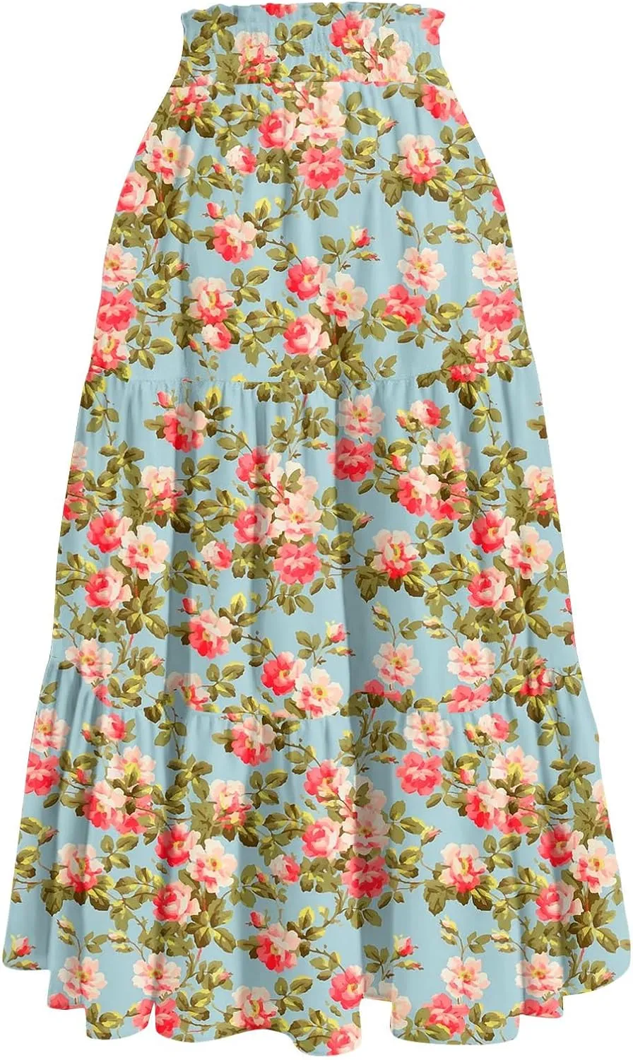 Long Skirts for Women Maxi Boho Summer Floral Print A Line Skirts Drawstring Elastic High Waist Pleated Tiered Skirt