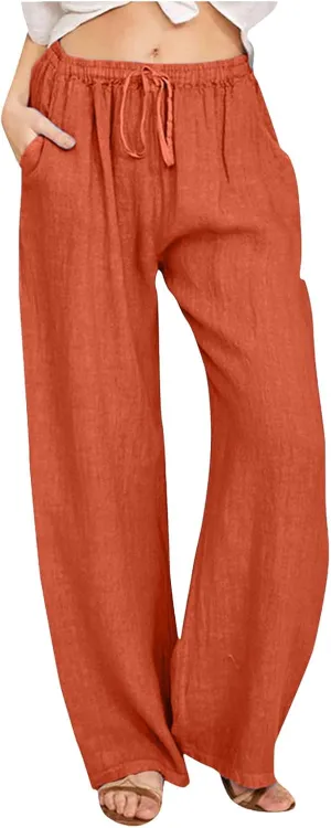 Loose Linen Pants for Women 2025 Baggy Y2K Summer Stretchy Boho Beach Pants Relaxed Loose Fit Elastic Lightweight Trousers