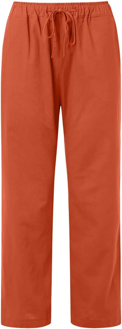 Loose Linen Pants for Women 2025 Baggy Y2K Summer Stretchy Boho Beach Pants Relaxed Loose Fit Elastic Lightweight Trousers