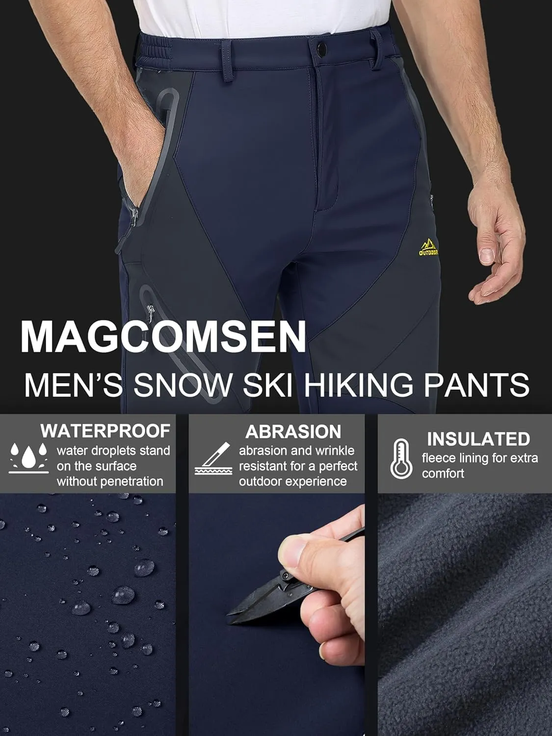 MAGCOMSEN Men's Winter Pants Snow Pants Fleece Lined Water Resistant 4 Zip Pockets Skiing Pants