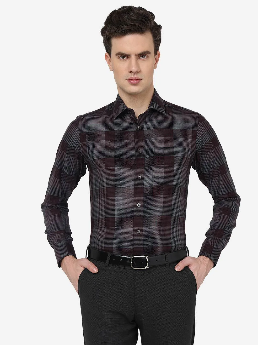 Maroon Checked Slim Fit Formal Shirt | JadeBlue