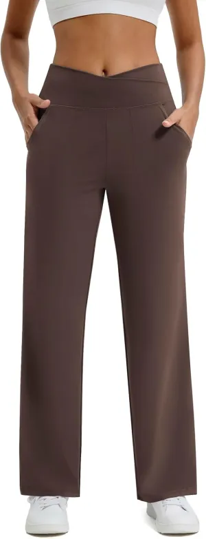 Maxbee Wide Leg Pants for Women Casual Work Pants Crossover High Waisted Yoga Pants with Pockets