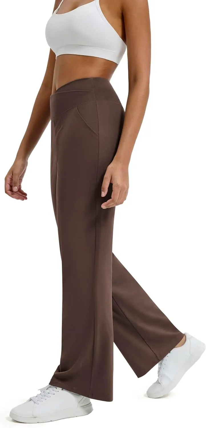 Maxbee Wide Leg Pants for Women Casual Work Pants Crossover High Waisted Yoga Pants with Pockets