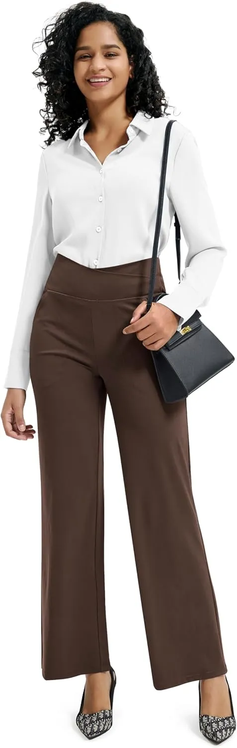 Maxbee Wide Leg Pants for Women Casual Work Pants Crossover High Waisted Yoga Pants with Pockets