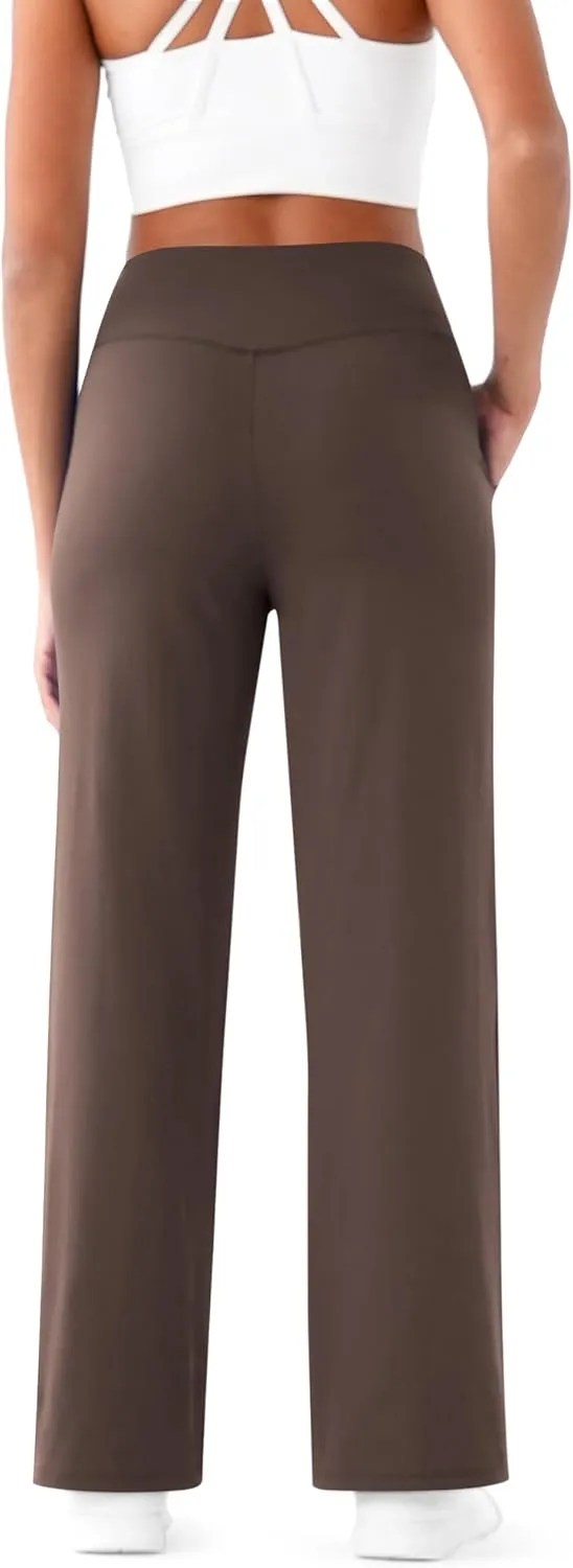 Maxbee Wide Leg Pants for Women Casual Work Pants Crossover High Waisted Yoga Pants with Pockets