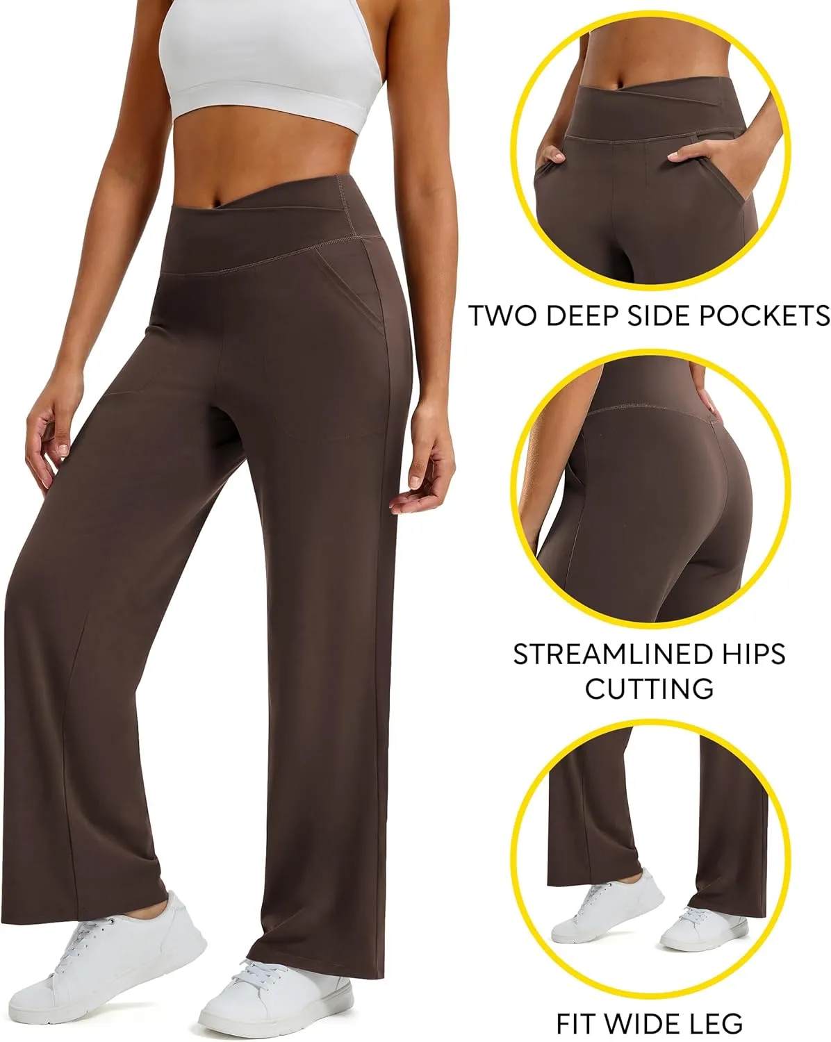 Maxbee Wide Leg Pants for Women Casual Work Pants Crossover High Waisted Yoga Pants with Pockets