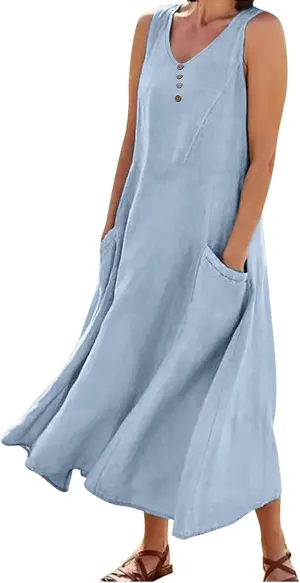 Maxi Dresses for Women 2025 Casual Loose Linen Dress Long Flowy V Neck Sleeveless Summer Dress Beach Sundresses