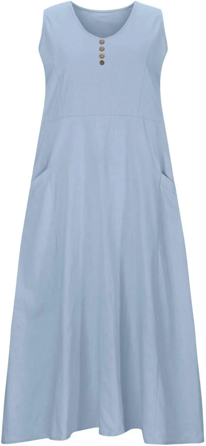 Maxi Dresses for Women 2025 Casual Loose Linen Dress Long Flowy V Neck Sleeveless Summer Dress Beach Sundresses