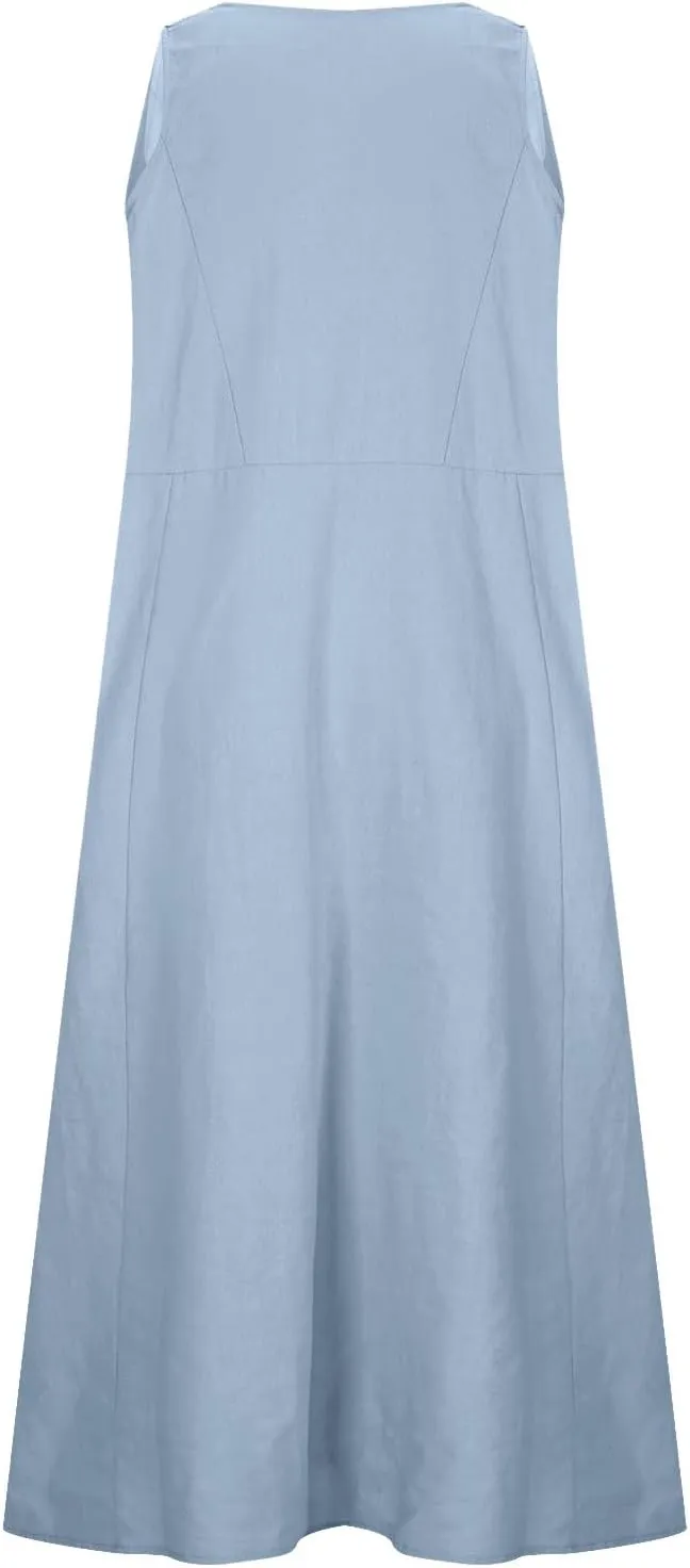 Maxi Dresses for Women 2025 Casual Loose Linen Dress Long Flowy V Neck Sleeveless Summer Dress Beach Sundresses