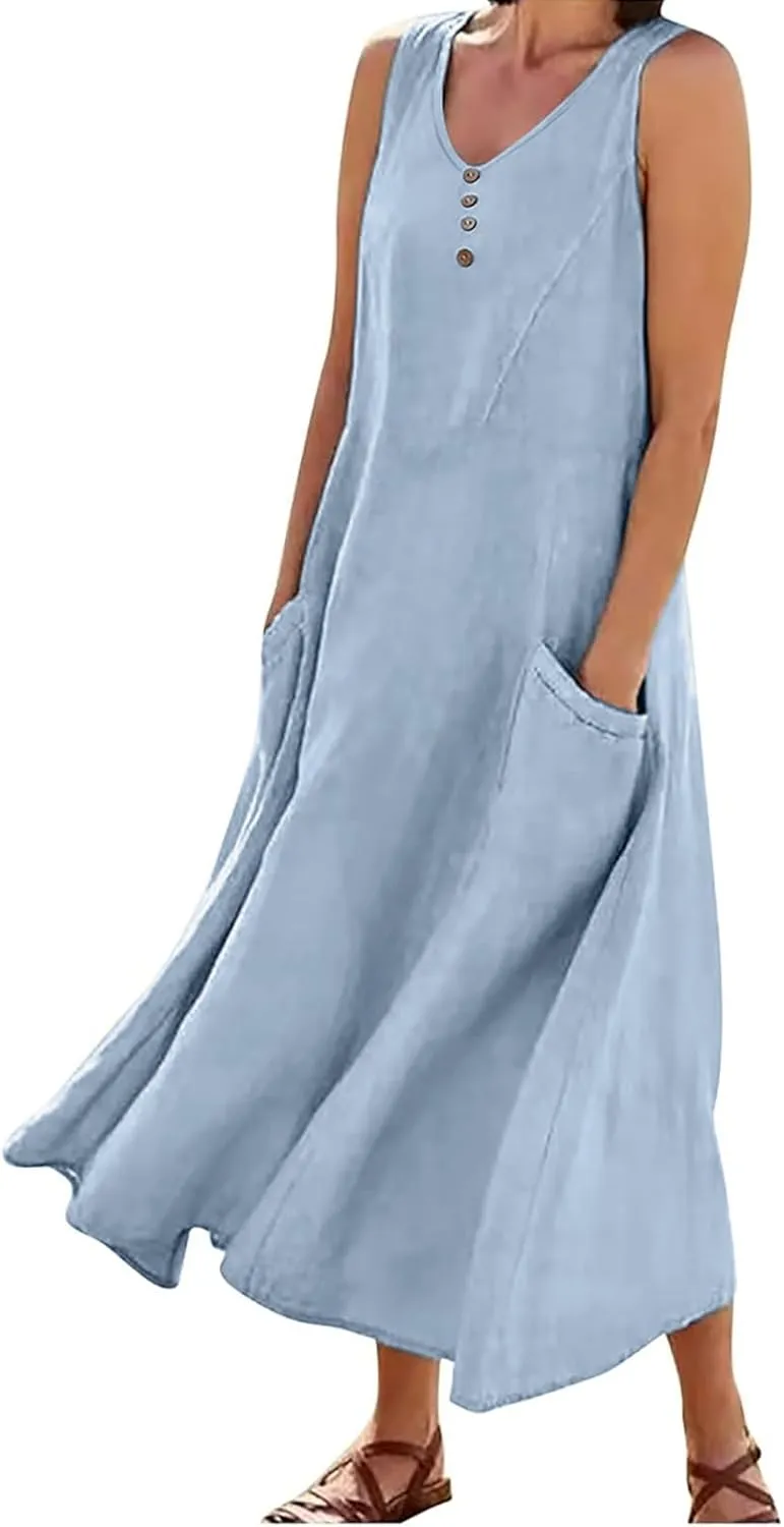 Maxi Dresses for Women 2025 Casual Loose Linen Dress Long Flowy V Neck Sleeveless Summer Dress Beach Sundresses