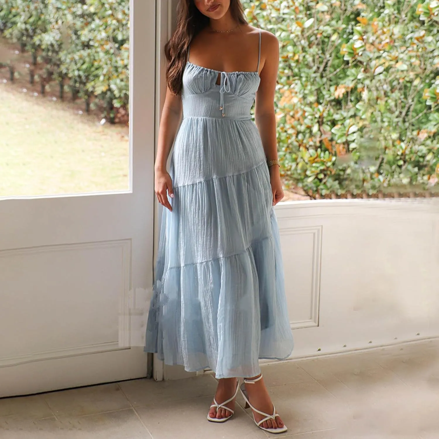 Maxi Dresses for Women 2025 Sexy Square Neck Halter Pleated Sundress Summer Casual Loose Flowy Boho Beach Long Dress