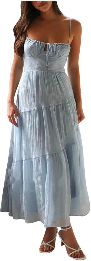 Maxi Dresses for Women 2025 Sexy Square Neck Halter Pleated Sundress Summer Casual Loose Flowy Boho Beach Long Dress