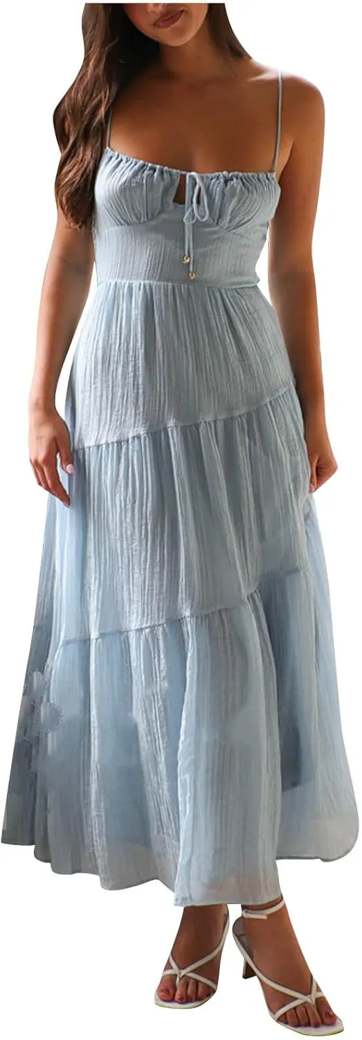 Maxi Dresses for Women 2025 Sexy Square Neck Halter Pleated Sundress Summer Casual Loose Flowy Boho Beach Long Dress