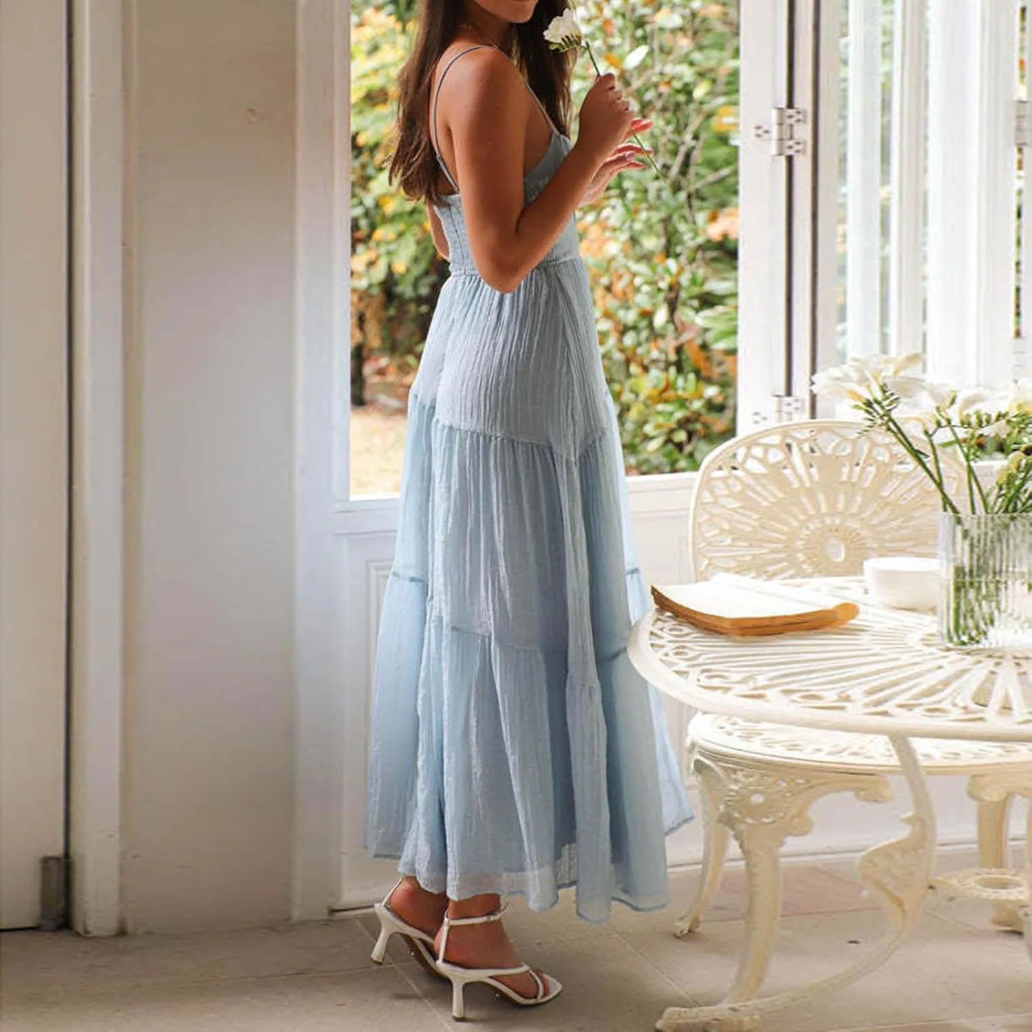 Maxi Dresses for Women 2025 Sexy Square Neck Halter Pleated Sundress Summer Casual Loose Flowy Boho Beach Long Dress