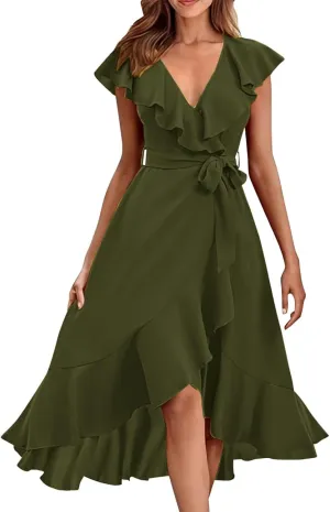 Maxi Dresses for Women 2025 Summer Deep V Neck Ruffle Hem Flowy Beach Sundress Elegant Wrap Formal Wedding Guest Dress