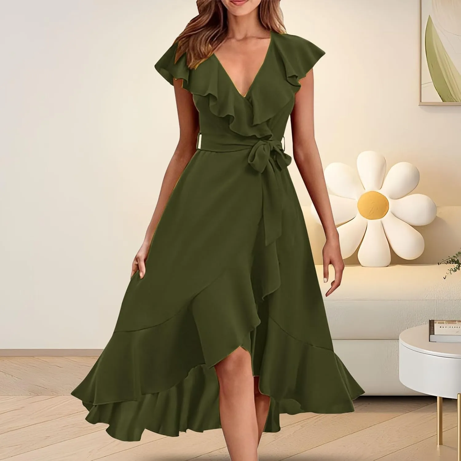 Maxi Dresses for Women 2025 Summer Deep V Neck Ruffle Hem Flowy Beach Sundress Elegant Wrap Formal Wedding Guest Dress