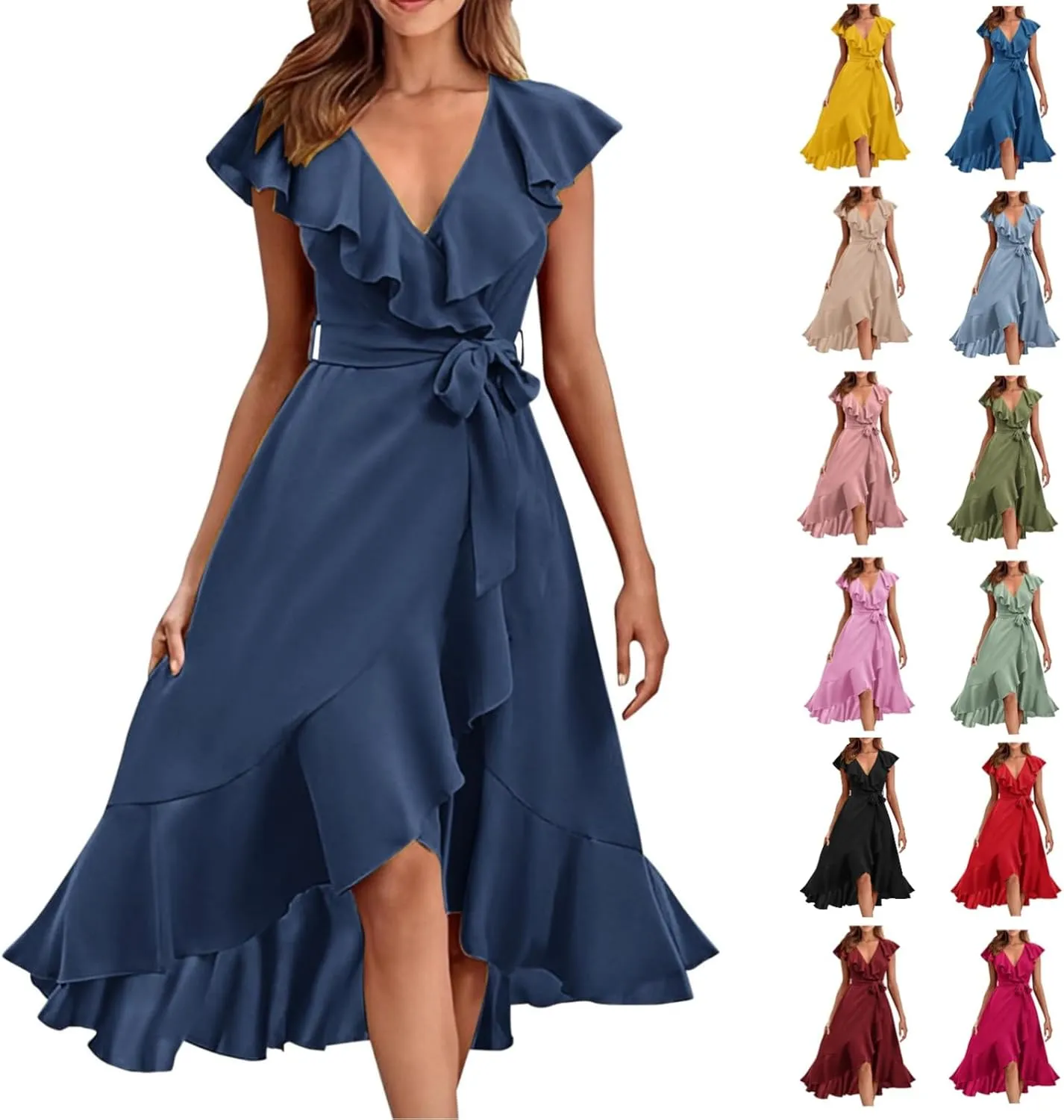 Maxi Dresses for Women 2025 Summer Deep V Neck Ruffle Hem Flowy Beach Sundress Elegant Wrap Formal Wedding Guest Dress