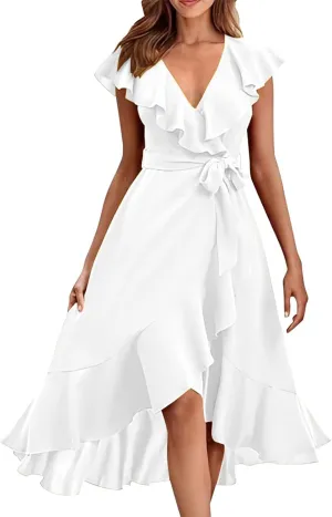Maxi Dresses for Women 2025 Summer Deep V Neck Ruffle Hem Flowy Beach Sundress Elegant Wrap Formal Wedding Guest Dress