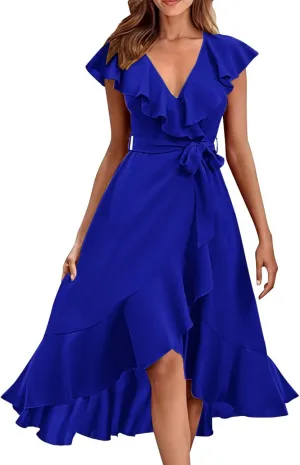 Maxi Dresses for Women 2025 Summer Deep V Neck Ruffle Hem Flowy Beach Sundress Elegant Wrap Formal Wedding Guest Dress