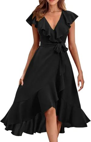 Maxi Dresses for Women 2025 Summer Deep V Neck Ruffle Hem Flowy Beach Sundress Elegant Wrap Formal Wedding Guest Dress