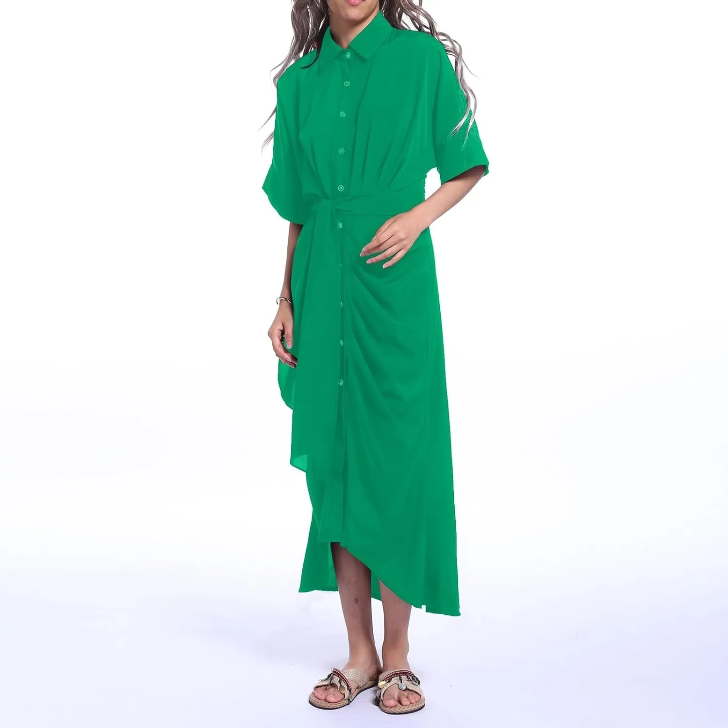 Maxi Shirt Dress for Women Striped Button Front Pleated Summer Dresses Short Sleeve Collar Long Dress