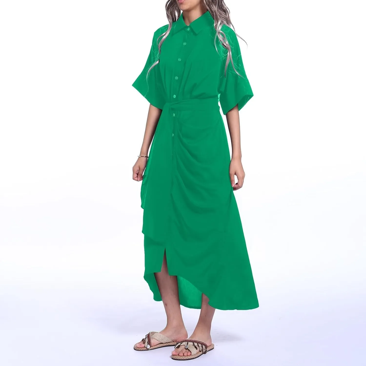 Maxi Shirt Dress for Women Striped Button Front Pleated Summer Dresses Short Sleeve Collar Long Dress