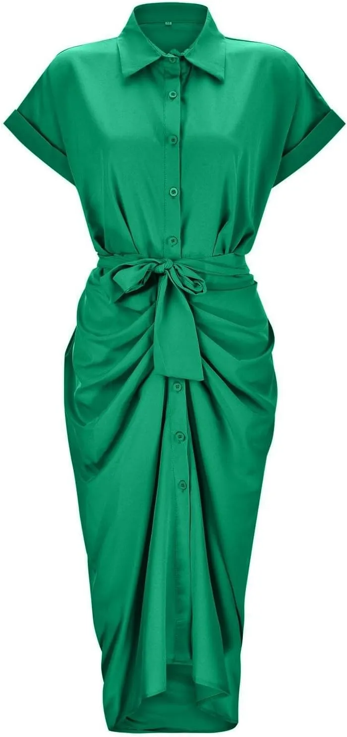Maxi Shirt Dress for Women Striped Button Front Pleated Summer Dresses Short Sleeve Collar Long Dress