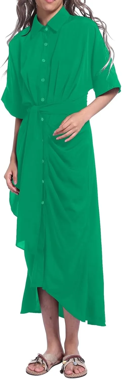 Maxi Shirt Dress for Women Striped Button Front Pleated Summer Dresses Short Sleeve Collar Long Dress