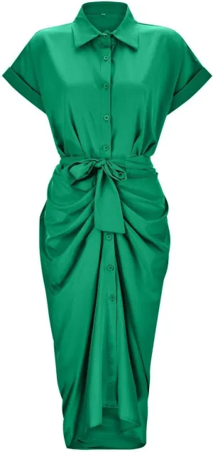 Maxi Shirt Dress for Women Striped Button Front Pleated Summer Dresses Short Sleeve Collar Long Dress
