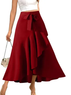Maxi Skirt for Women Elegant High Waisted Side Slit Long Skirts Asymmetric Tiered Ruffle Hem A-Line Skirts