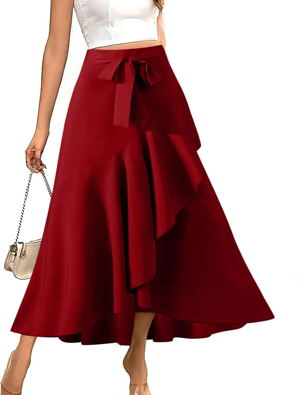 Maxi Skirt for Women Elegant High Waisted Side Slit Long Skirts Asymmetric Tiered Ruffle Hem A-Line Skirts