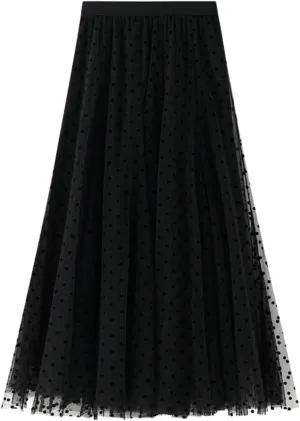 Maxi Skirt Women's A-Line Fairy Elastic Waist Midi Skirt Under Skirts Shorts for Women Flocked Polka Dot Mesh Skirt