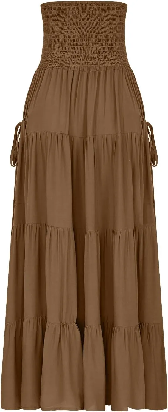 Maxi Skirts for Women Elastic High Waist Tiered A-Line Pleated Long Skirt Summer Flowy Swing Boho Solid Beach Clothes