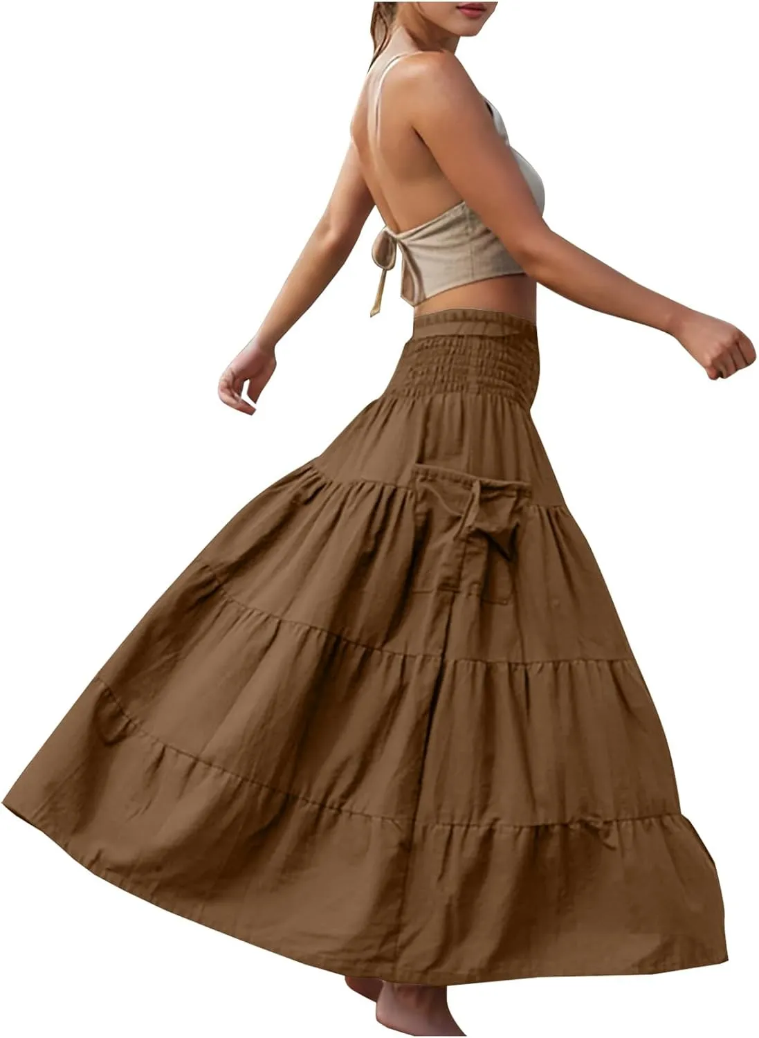 Maxi Skirts for Women Elastic High Waist Tiered A-Line Pleated Long Skirt Summer Flowy Swing Boho Solid Beach Clothes