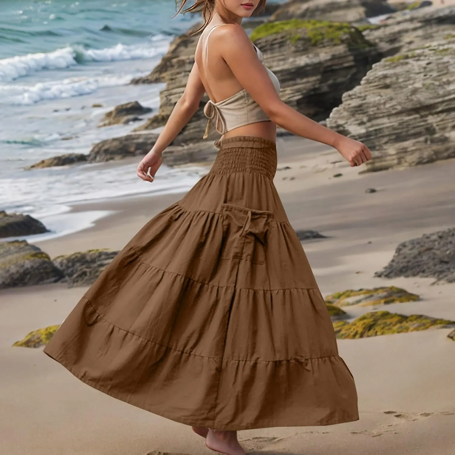 Maxi Skirts for Women Elastic High Waist Tiered A-Line Pleated Long Skirt Summer Flowy Swing Boho Solid Beach Clothes