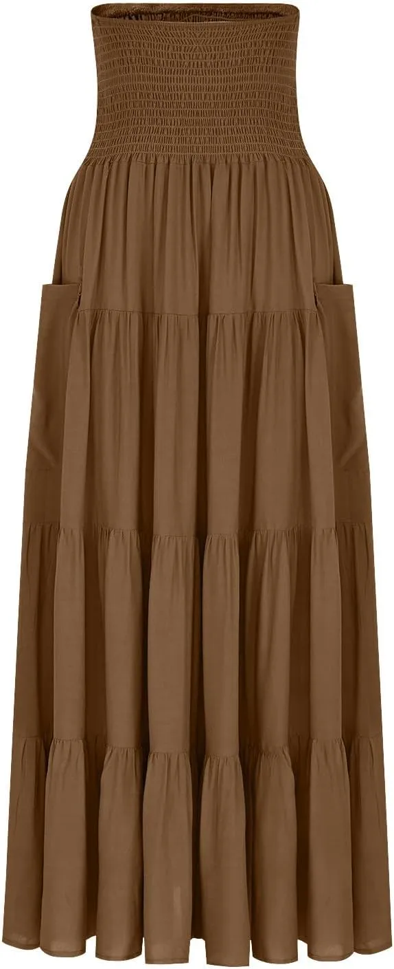 Maxi Skirts for Women Elastic High Waist Tiered A-Line Pleated Long Skirt Summer Flowy Swing Boho Solid Beach Clothes