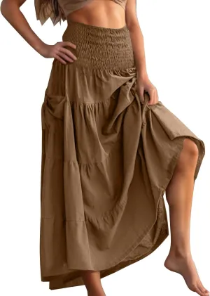 Maxi Skirts for Women Elastic High Waist Tiered A-Line Pleated Long Skirt Summer Flowy Swing Boho Solid Beach Clothes