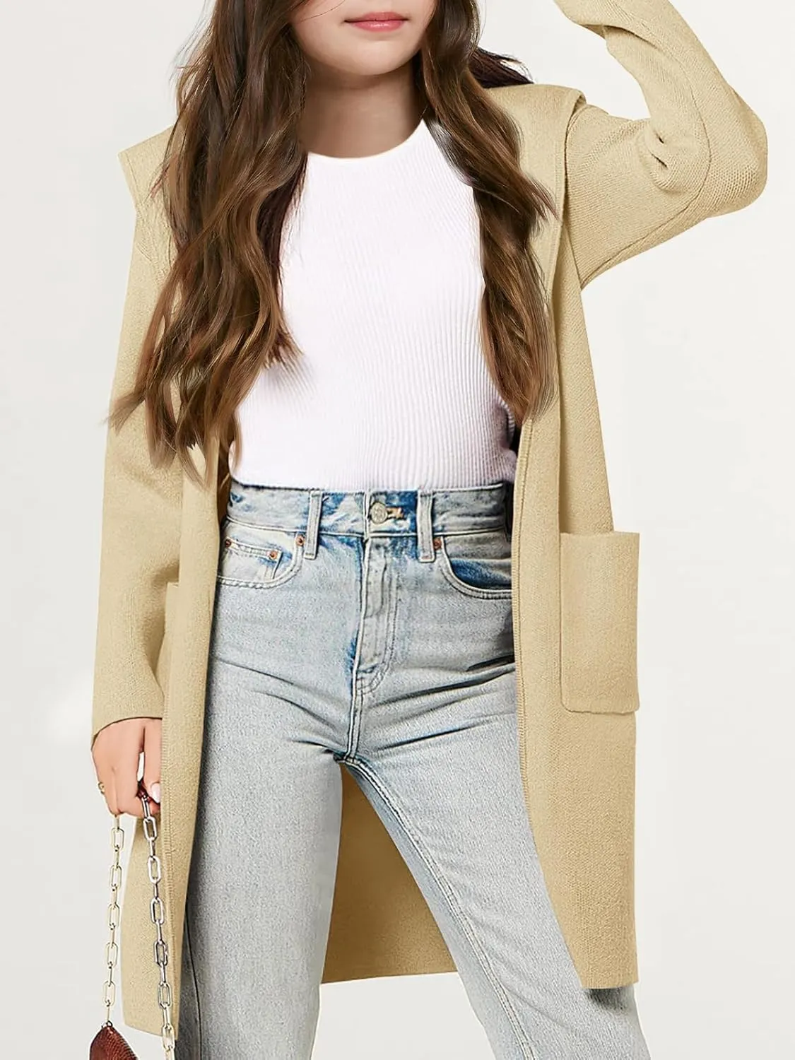 Meikulo Girls Hooded Cardigan Sweaters Kids Fashion Open Front Knit Outerwear with Pockets 5-14 Years