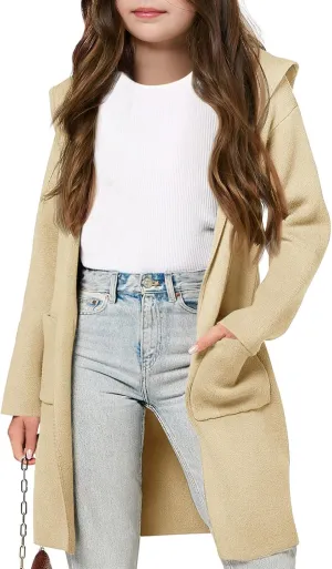 Meikulo Girls Hooded Cardigan Sweaters Kids Fashion Open Front Knit Outerwear with Pockets 5-14 Years