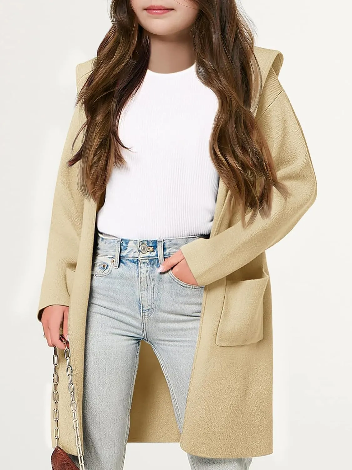 Meikulo Girls Hooded Cardigan Sweaters Kids Fashion Open Front Knit Outerwear with Pockets 5-14 Years