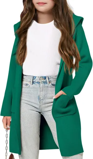 Meikulo Girls Hooded Cardigan Sweaters Kids Fashion Open Front Knit Outerwear with Pockets 5-14 Years
