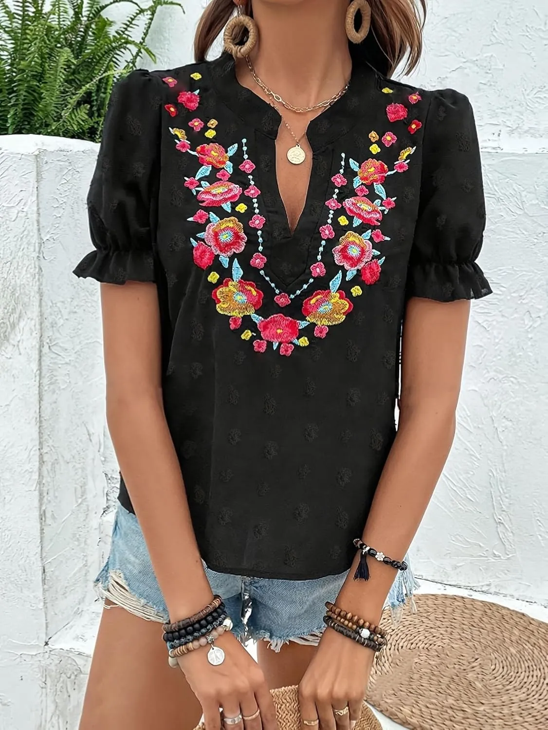 Melliflo Mexican Shirts for Women Floral Embroidered Tops Summer Peasant Blouse Boho V Neck Short Puff Sleeve T Shirt