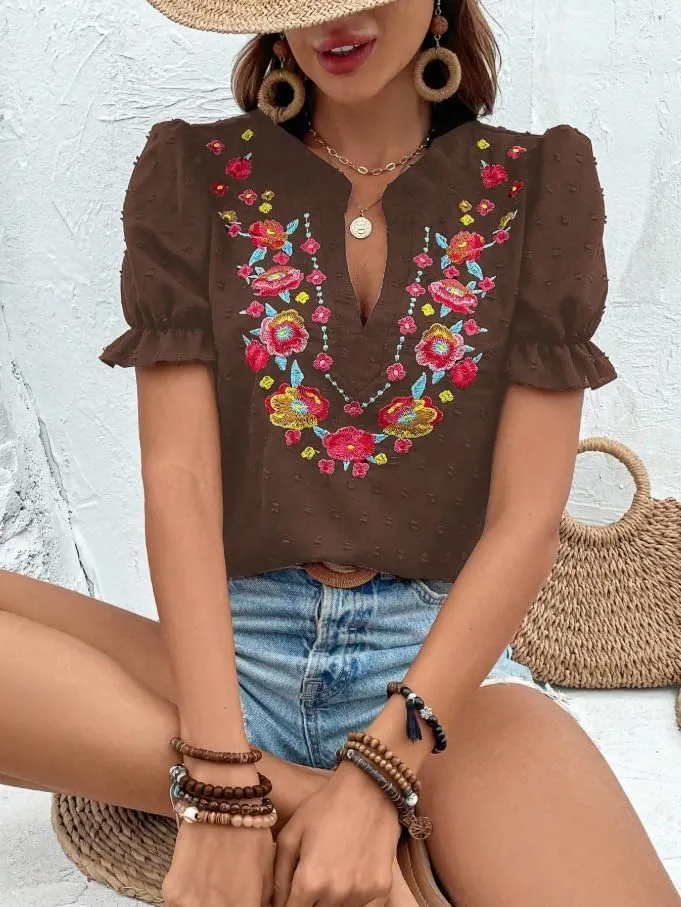 Melliflo Mexican Shirts for Women Floral Embroidered Tops Summer Peasant Blouse Boho V Neck Short Puff Sleeve T Shirt